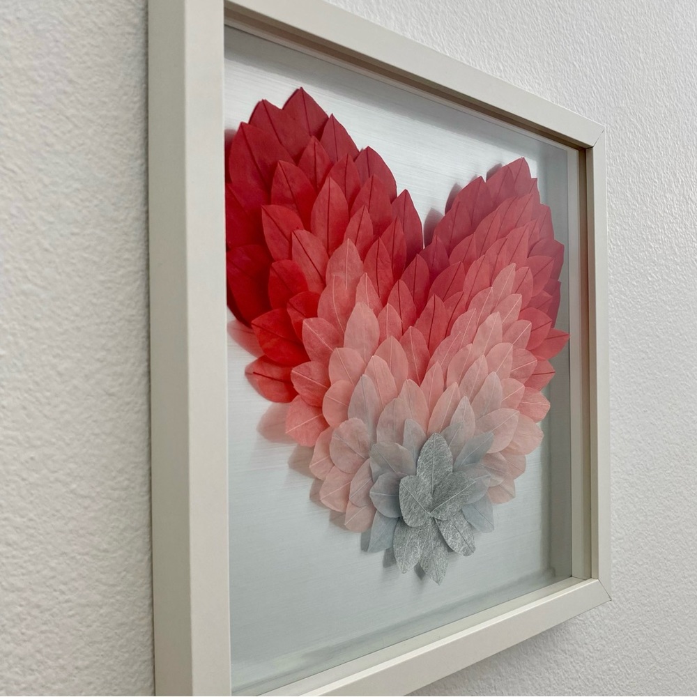 Handmade Luxury Framed Art Ombré Heart Paper Feathers Wood Shadow Box 13x13 in. - Picture 4 of 6